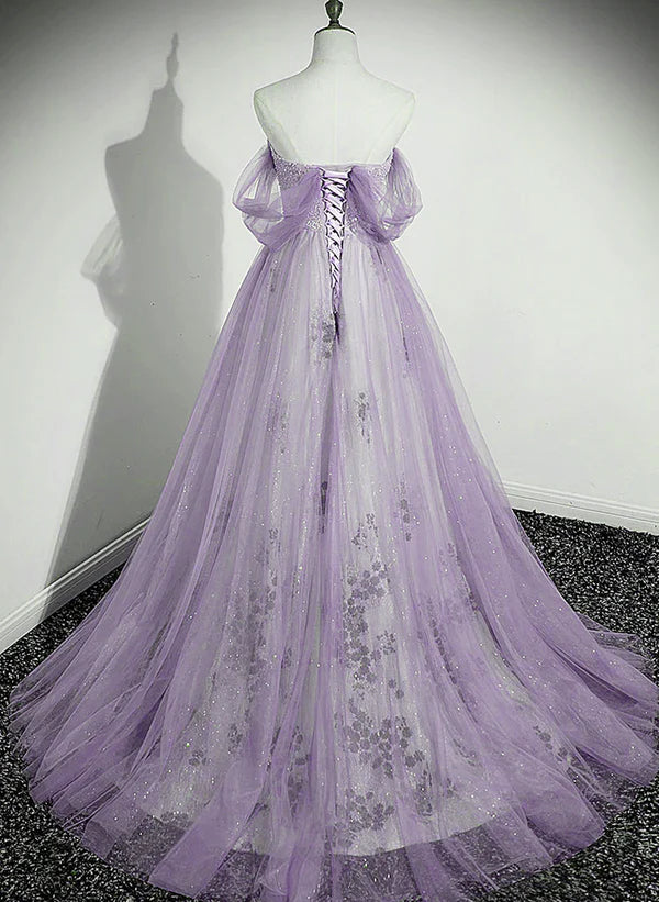 Lavender Tulle A-line Beaded Off Shoulder Party Dress